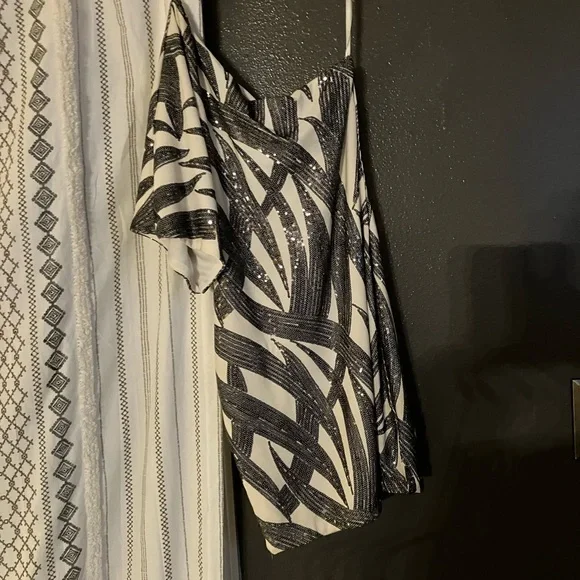 B Darlin One Shoulder Black and White Dress - Picture 3 of 3